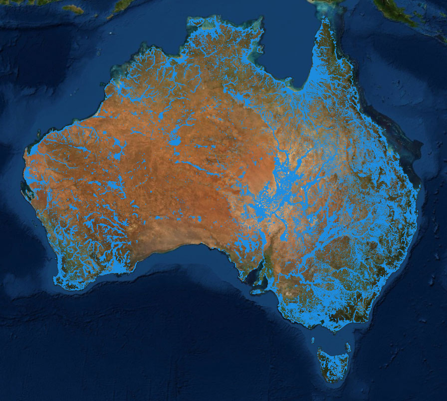 National map of Australia showing inland waterbodies
