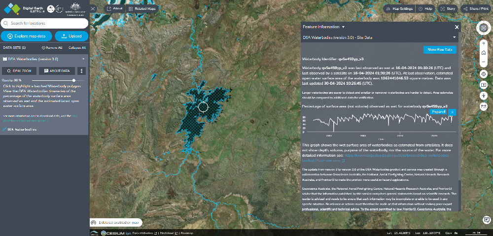 Screen capture of DEA Waterbodies 3.0 showing Lake MacFarlane, South Australia and the associated data