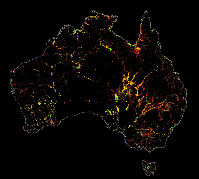 Image of the whole Australian continent showing the WOfS water summary layer, with colours indicating where and how often surface water has been observed between 1987 and present day
