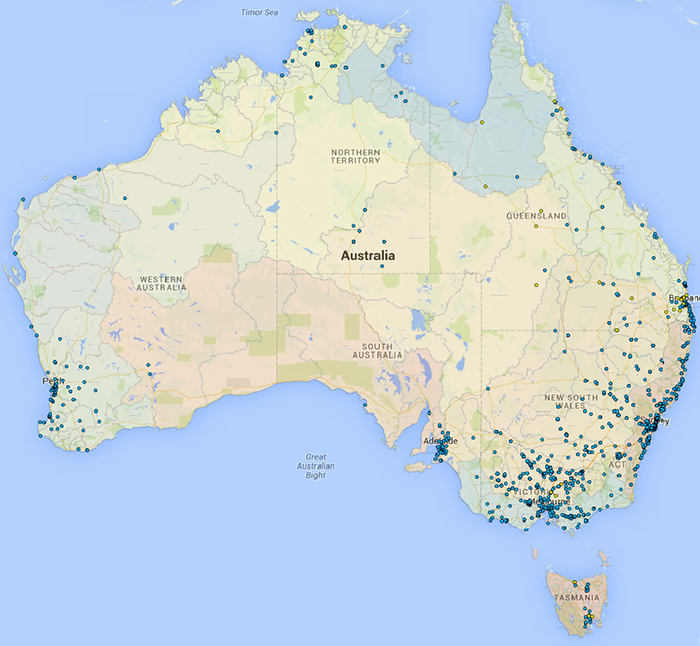 Map of Australia showing locations for which flood studies are available through the Australian Flood Risk Information Portal