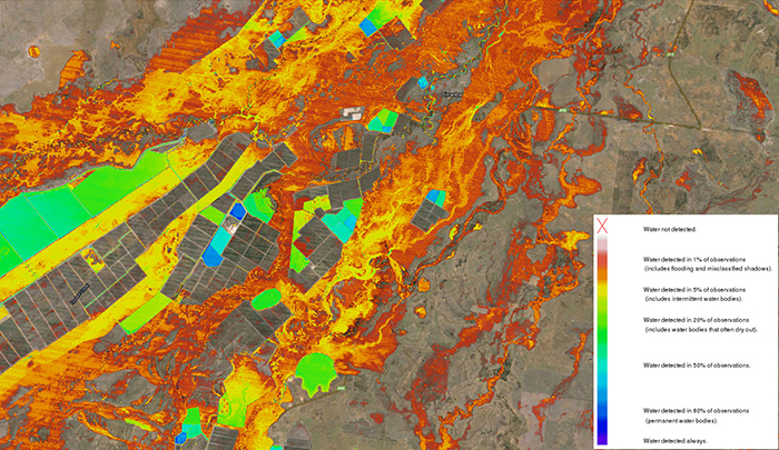 Satellite image of observed surface water around Dirranbandi, QLD. The colouring of this summary layer indicates how often water was observed in each cell with possible floods appearing in the low values (red to yellow colours) while consistent water bodies such as lakes and dams have high values (blue to purple colours)