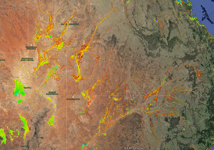 A screen capture from the WOfS map demonstrates inland flood plains. Image shows vast inland flooding that feeds Lake Eyre (bottom left of image) from Cooper Creek, the Diamantina River and the Georgina River. Also shown is the Darling River catchment from its headwaters to Menindee Lakes and the large floodplains of the Darling River system.