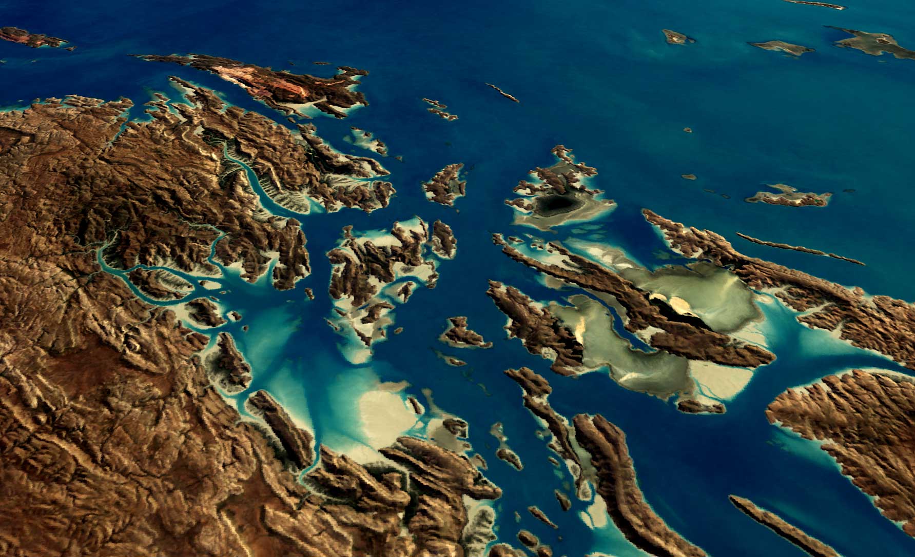 enhanced illustrated satellite image of coast and water showing relief of coastal features