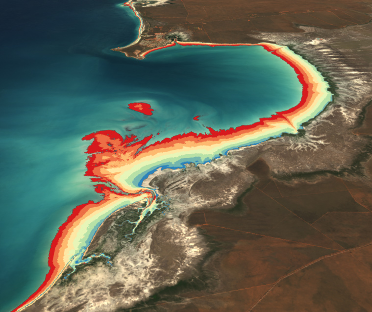 red yellow and blue illustrated overlay along curved coastline image as captured by satellite