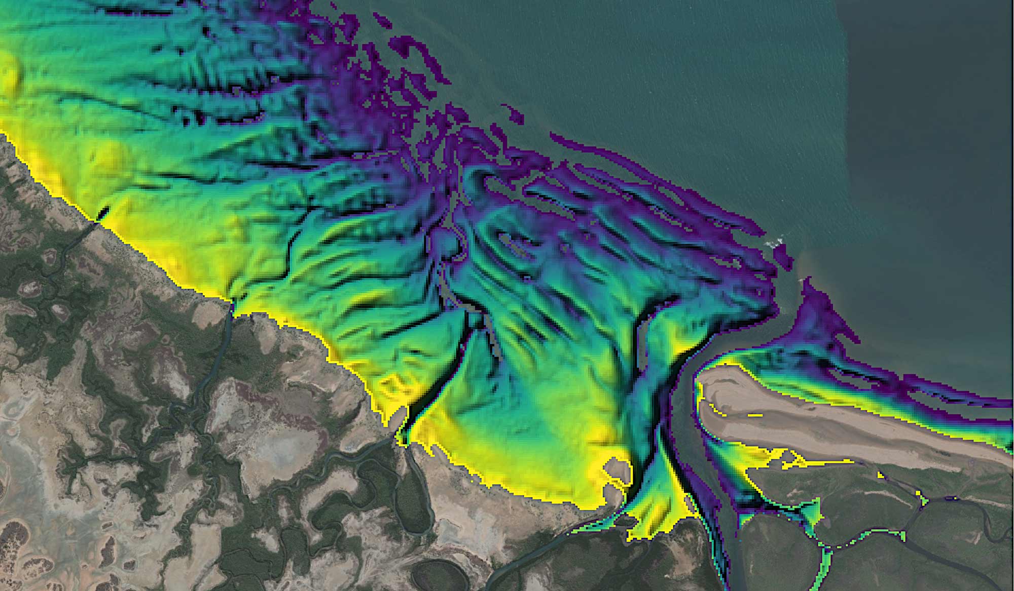 DEA Intertidal Elevation, with low elevation values shown in dark colours and high elevation shown in light colours.