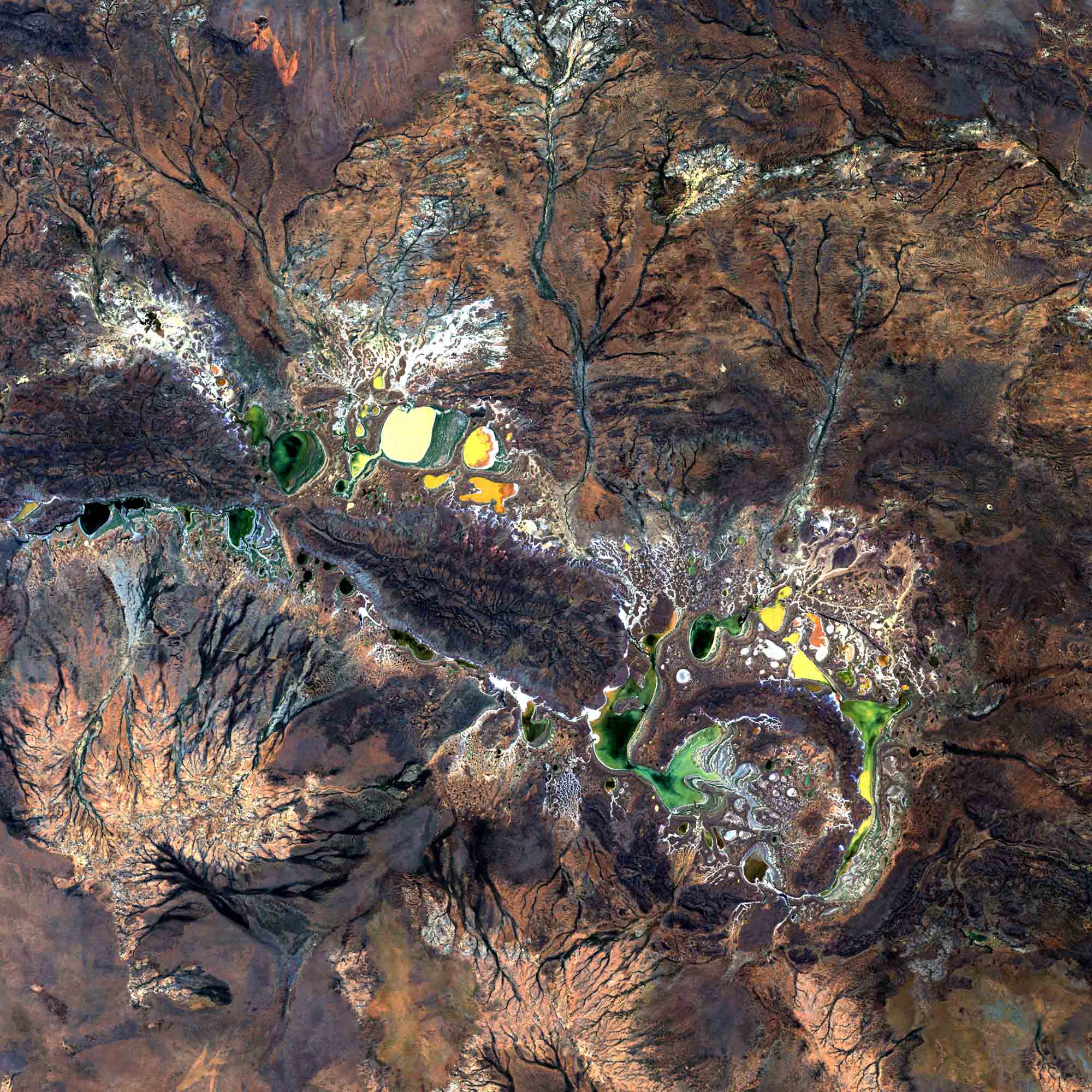 Abstract image of water in landscape as captured by satellite with circular feature