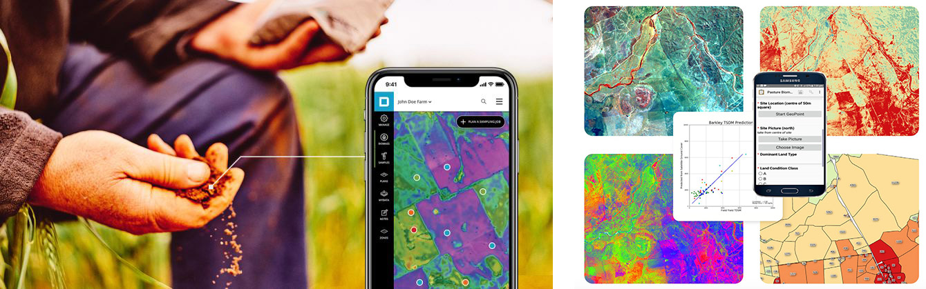 Screenshots of purple and green satellite imagery website on mobile phone with background of hand with soil