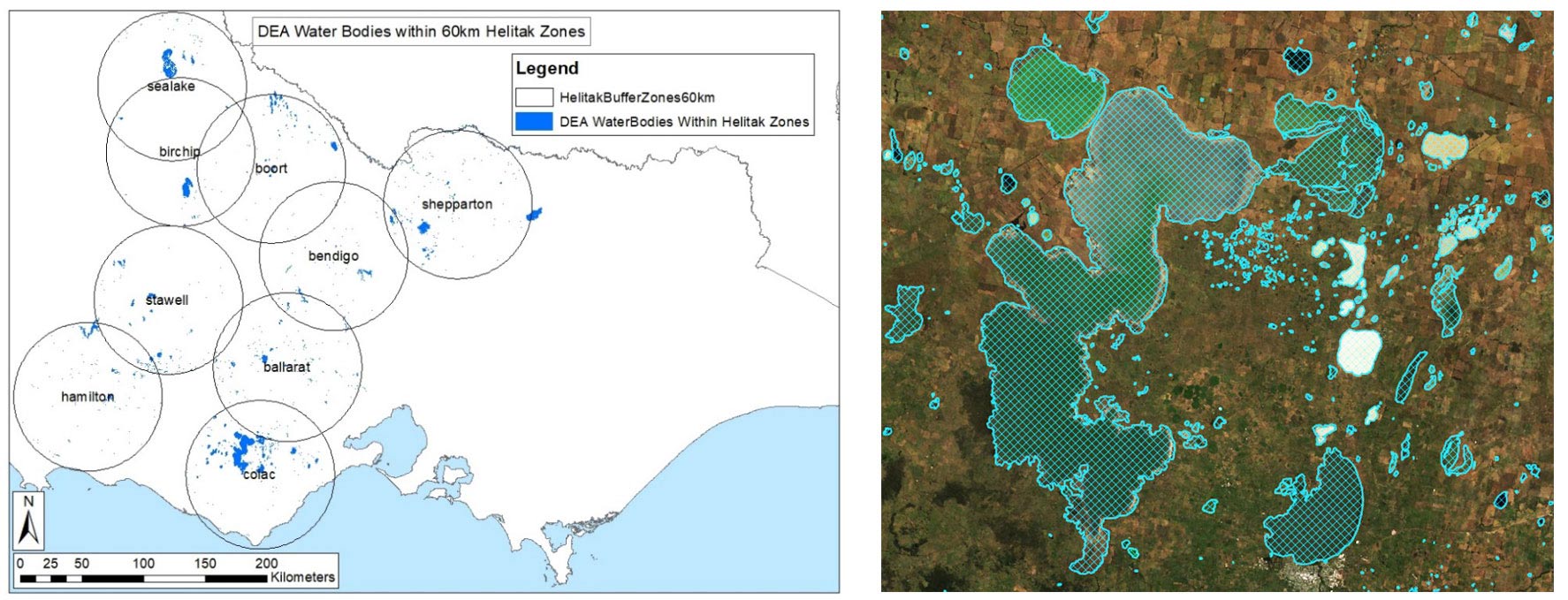 Map of Victoria showing circles over waterbodies