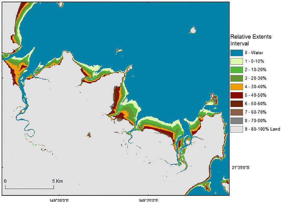 Graphic illustration showing coloured tidal heights on coastal landscape with coloured legend