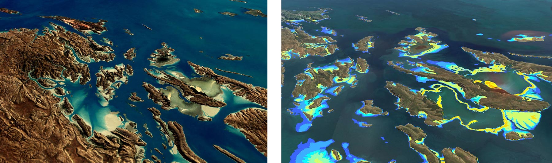 Graphic illustration of complex coastal landscape with fluorescent highlights at land boundaries