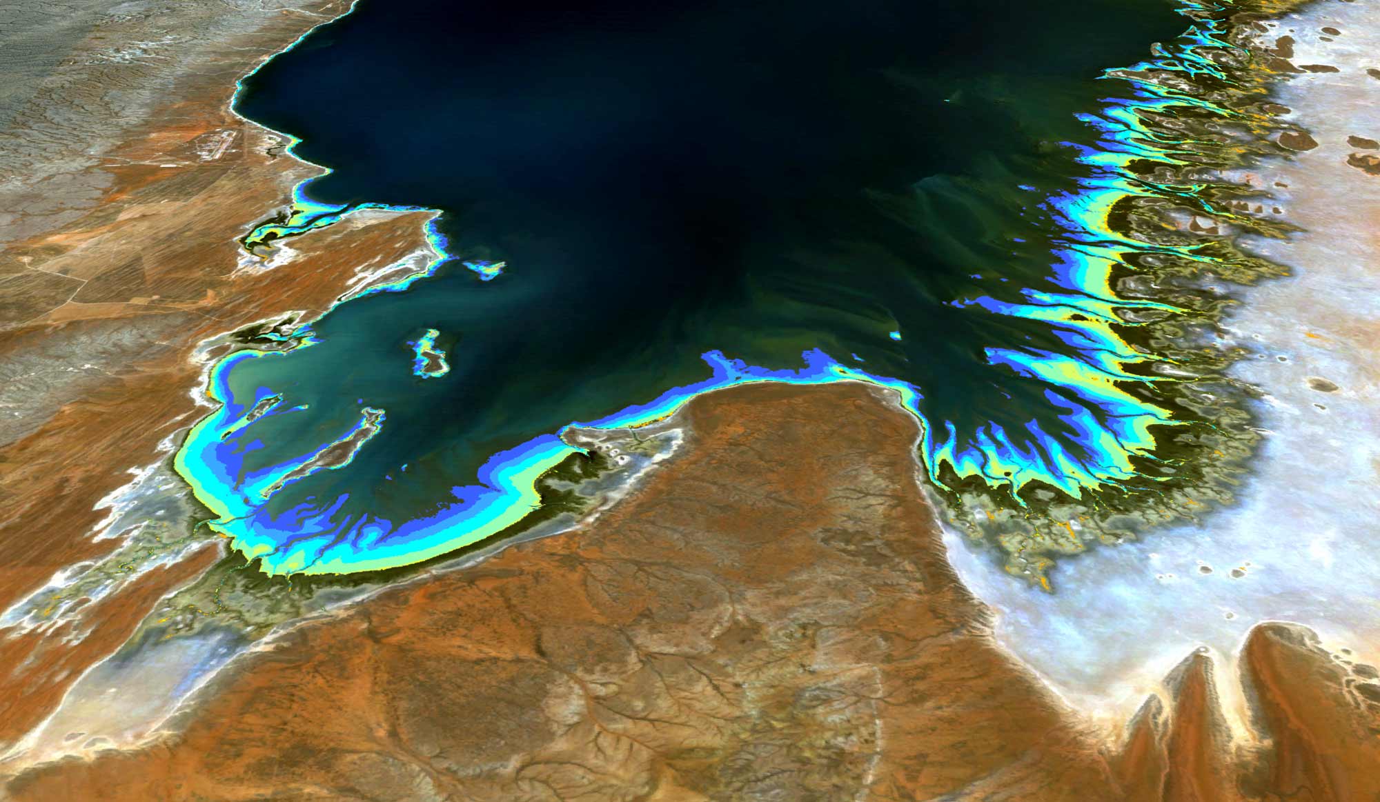 Coloured tidal boundaries overlaid on satellite image of Australian coastal landscape
