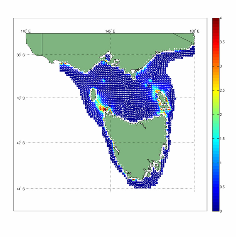 Map showing modelled bed shear stress in Bass Strait and around Tasmania. Shear stress is highest around Flinders Island and in the channels between King Island and northwest Tasmania where values reach 3.5. Elsewhere it is relatively uniform with values below 0.5.