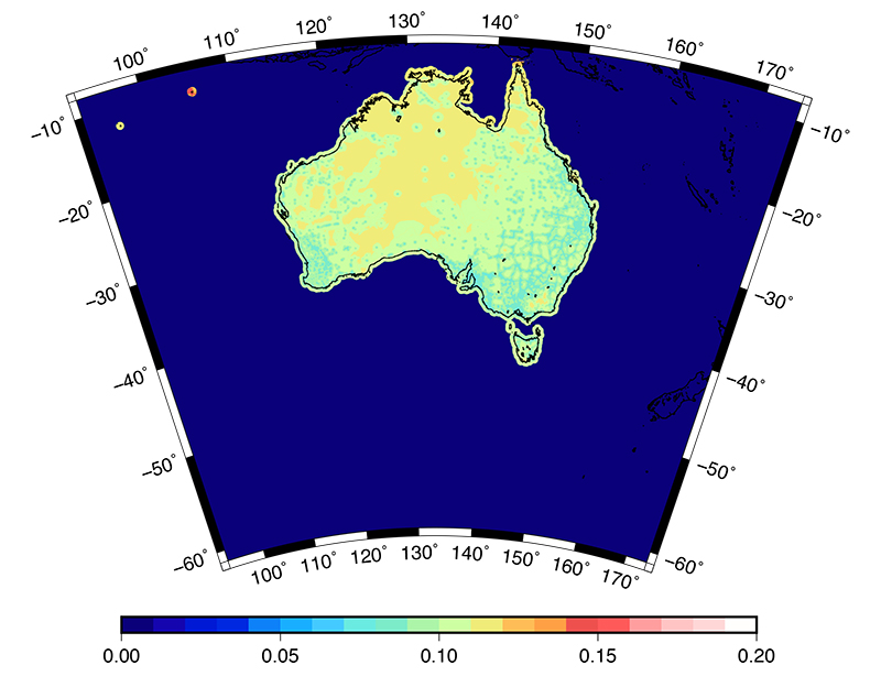 Map of Australia with with colours depicting the uncertainty of the AUSGeoid2020 model in different areas